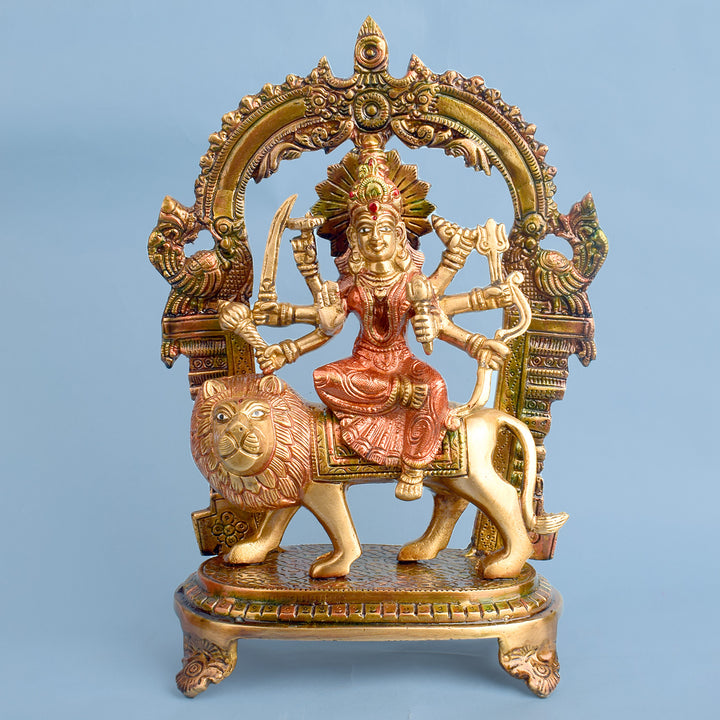 11.8 Inch Stunning Sherawali Mata Idol Brass Statue featuring intricate detailing, perfect for spiritual home decor, temple worship, and devotional gifting. India’s Largest Brass Idols Brand - www.satvikstore.in
