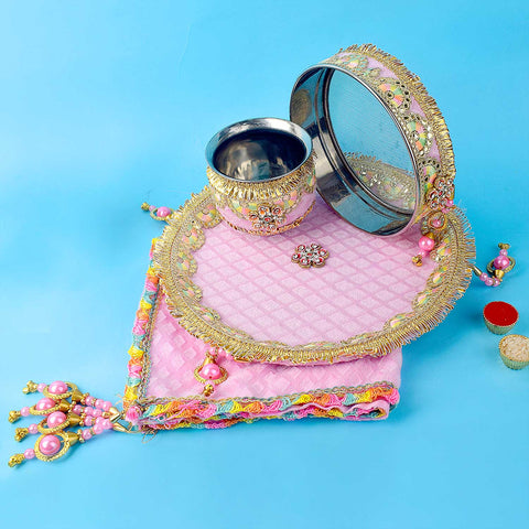 11 Pc Baby Pink Embroidery Karwa Chauth Thali Set with Sieve, Kalash, Thali Cover and Complete Pooja Kit. India’s Largest Pooja Accessories Brand - www.satvikstore.in