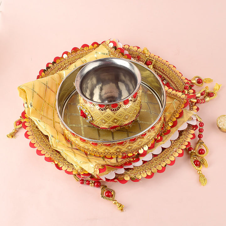 11 Pc Golden and Red Embroidery Karwa Chauth Thali Set with Channi, Kalash, Thali Cover and Complete Puja Accessories. India’s Largest Pooja Accessories Brand - www.satvikstore.in