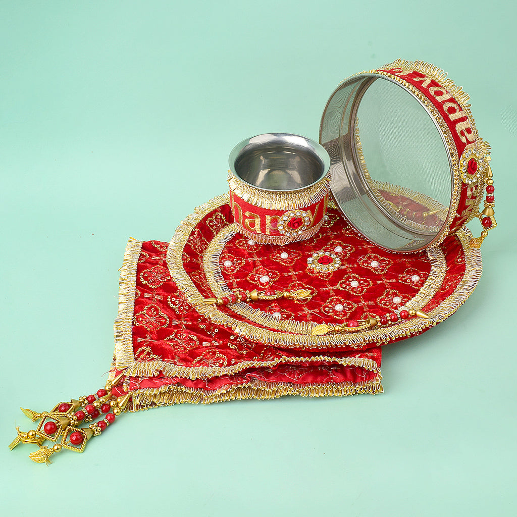 11 Pc Red Embroidery Karwa Chauth Thali Set with Cover, Channi, Kalash, and Full Puja Kit. India’s Largest Pooja Accessories Brand - www.satvikstore.in