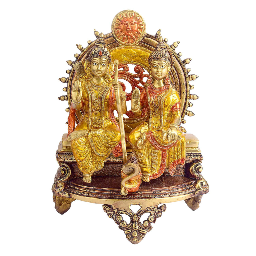 13 Inch Ram Sita Brass Idol Seated on Throne Brass Statue featuring intricate detailing, perfect for spiritual home decor, temple worship, and devotional gifting. India’s Largest Brass Idols Brand - www.satvikstore.in