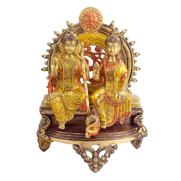 13 Inch Ram Sita Brass Idol Seated on Throne Brass Statue featuring intricate detailing, perfect for spiritual home decor, temple worship, and devotional gifting. India’s Largest Brass Idols Brand - www.satvikstore.in