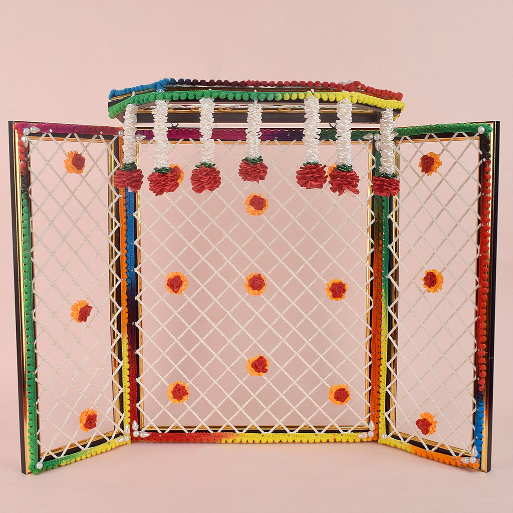 15 Inch Large Pretentious Ganesha Phool Bangla in vibrant multicolor artificial flowers, perfect for grand Ganpati festival decoration and idol backdrop. India’s Largest Pooja Accessories Brand – www.satvikstore.in