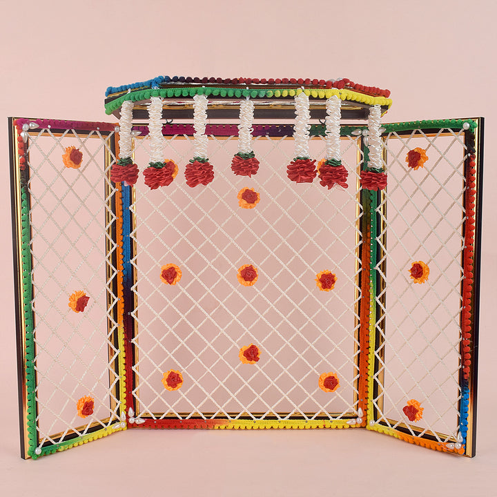 15 Inch Large Pretentious Ganesha Phool Bangla in vibrant multicolor artificial flowers, perfect for grand Ganpati festival decoration and idol backdrop. India’s Largest Pooja Accessories Brand – www.satvikstore.in