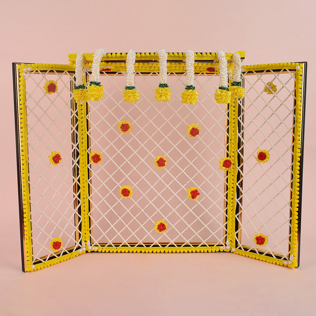 15 Inch Large Yellow Magnificent Ganesha Phool Bangla made with bright artificial flowers, ideal for Ganpati mandap decoration and idol background setup. India’s Largest Pooja Accessories Brand – www.satvikstore.in