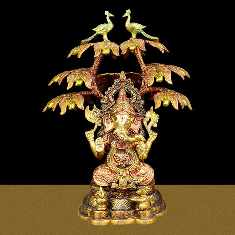 16.5-inch brass idol of Lord Ganesha sitting under a peacock-themed tree, symbolizing wisdom, prosperity, and artistic beauty for home and temple decor. India’s Largest Brass Idols Brand - www.satvikstore.in









