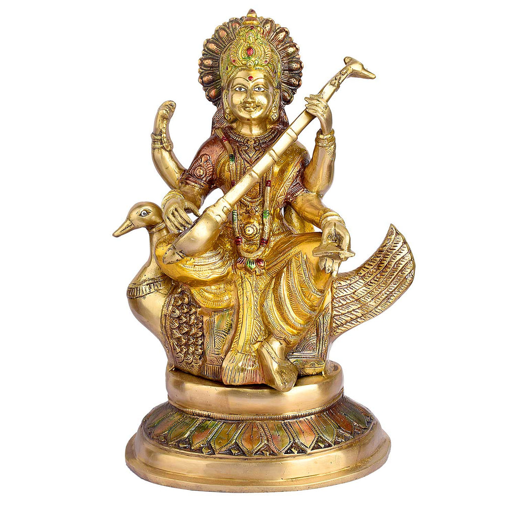 19.3 Inch Big Saraswati Maa Brass Statue featuring intricate detailing, perfect for spiritual home decor, temple worship, and devotional gifting. India’s Largest Brass Idols Brand - www.satvikstore.in
