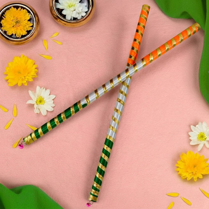 Handcrafted Silk Ribbon Wrapped Indian Flag Wooden Dandiya Sticks
