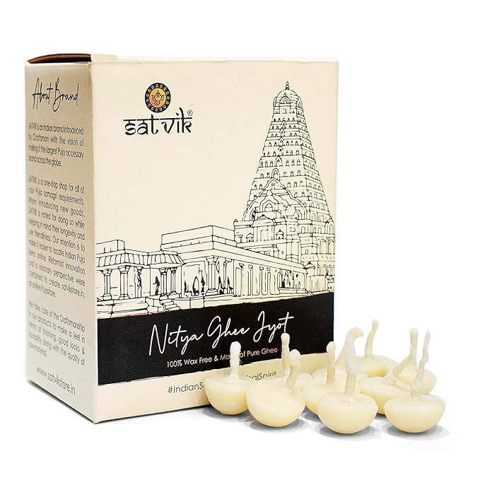 Pack of 50 Pure Ghee Diya Wicks (Wax Free), ideal for long aartis and sacred rituals. Handmade, natural, and eco-friendly for divine illumination. India’s Largest Pooja Accessories Brand – www.satvikstore.in