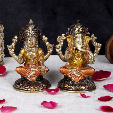 5 inch brass Laxmi Ganesha pair idol for home temple, worship, and prosperity, traditional handcrafted brass idol for pooja and festive décor. No.1 Brass Idol Store www.satvikstore.in 
