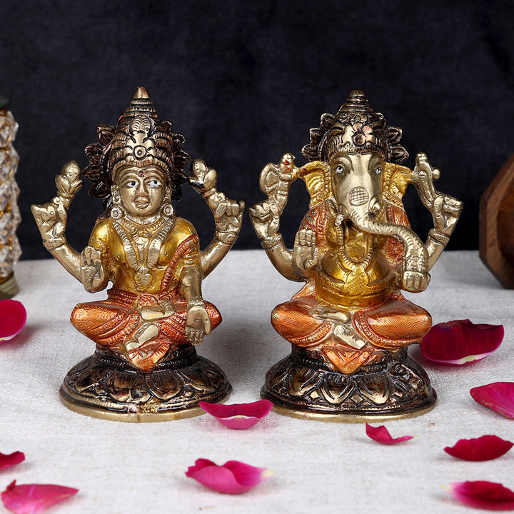 5 inch brass Laxmi Ganesha pair idol for home temple, worship, and prosperity, traditional handcrafted brass idol for pooja and festive décor. No.1 Brass Idol Store www.satvikstore.in 
