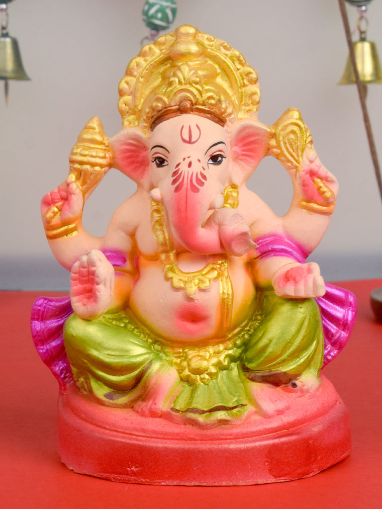 6-inch eco-friendly Ganesha idol in Gajanan pose, handcrafted from natural clay and painted with vibrant, non-toxic colors, perfect for home worship and visarjan. India’s Largest Pooja Accessories Brand – www.satvikstore.in