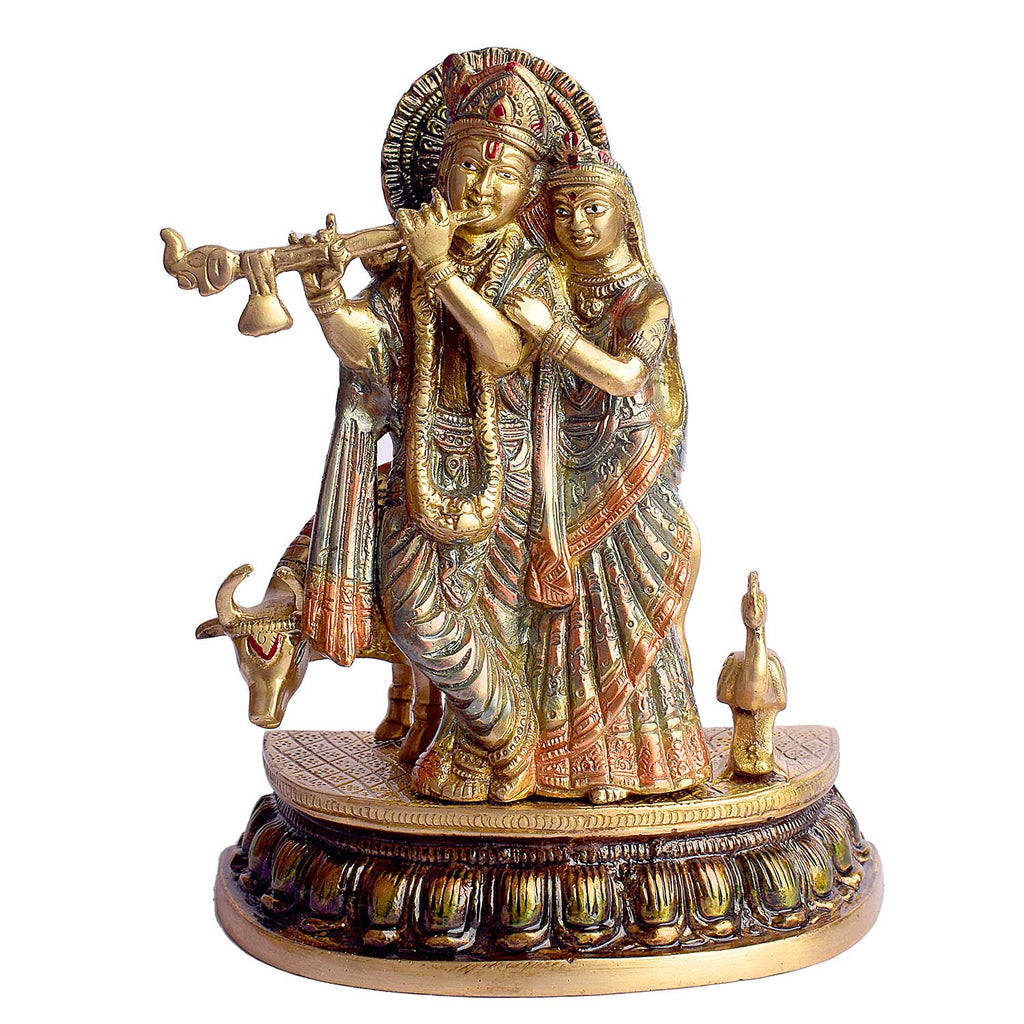 9.3 Inch Radha and Krishna with Cow Brass Statue featuring intricate detailing, perfect for spiritual home decor, temple worship, and devotional gifting. India’s Largest Brass Idols Brand - www.satvikstore.in
