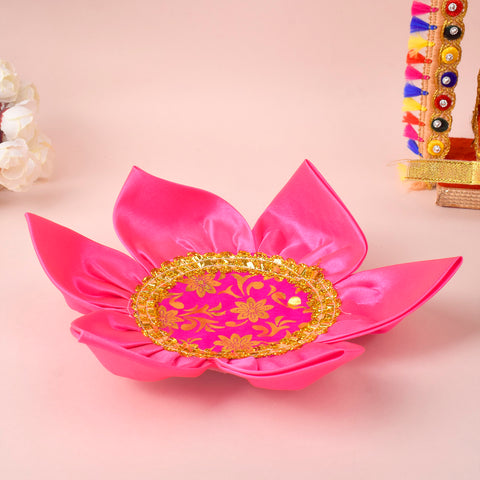 Sacred satin Kamal Asan with lotus design and golden lace border for pooja and meditation. India’s Largest Pooja Accessories Brand - www.satvikstore.in