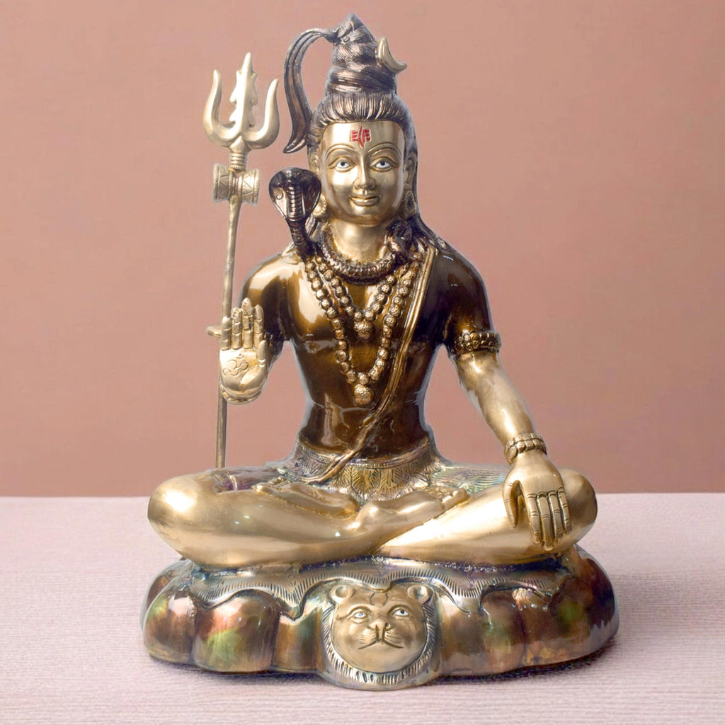 Large Brass Idol of 17 Inch Brass Shiva Idol in Meditative Posture. Embodying peace and spiritual focus, this 17-inch Brass Shiva Idol features Lord Shiva in a serene meditative posture. Known as the ultimate yogi, Lord Shiva is beautifully represented here with intricate detailing in brass, capturing the tranquility and profound wisdom of his meditation. on www.satvikstore.in