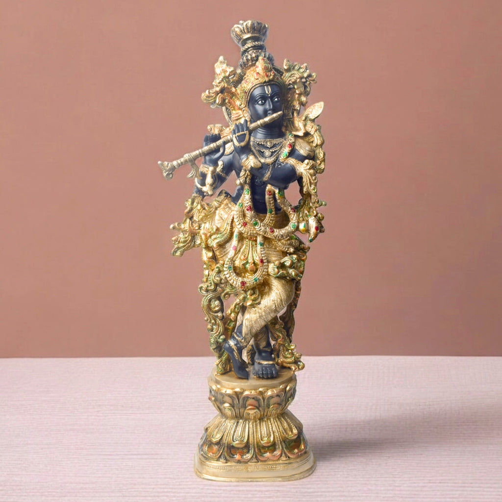  Large Brass Idol of 28 Inch Brass Krishna Sculpture with Artistic Detailing. Elevate your space with the majestic 28-inch Brass Krishna Sculpture, designed with exquisite artistic detailing. This grand piece beautifully depicts Lord Krishna in a graceful and serene posture, showcasing intricate craftsmanship that highlights every delicate feature. 