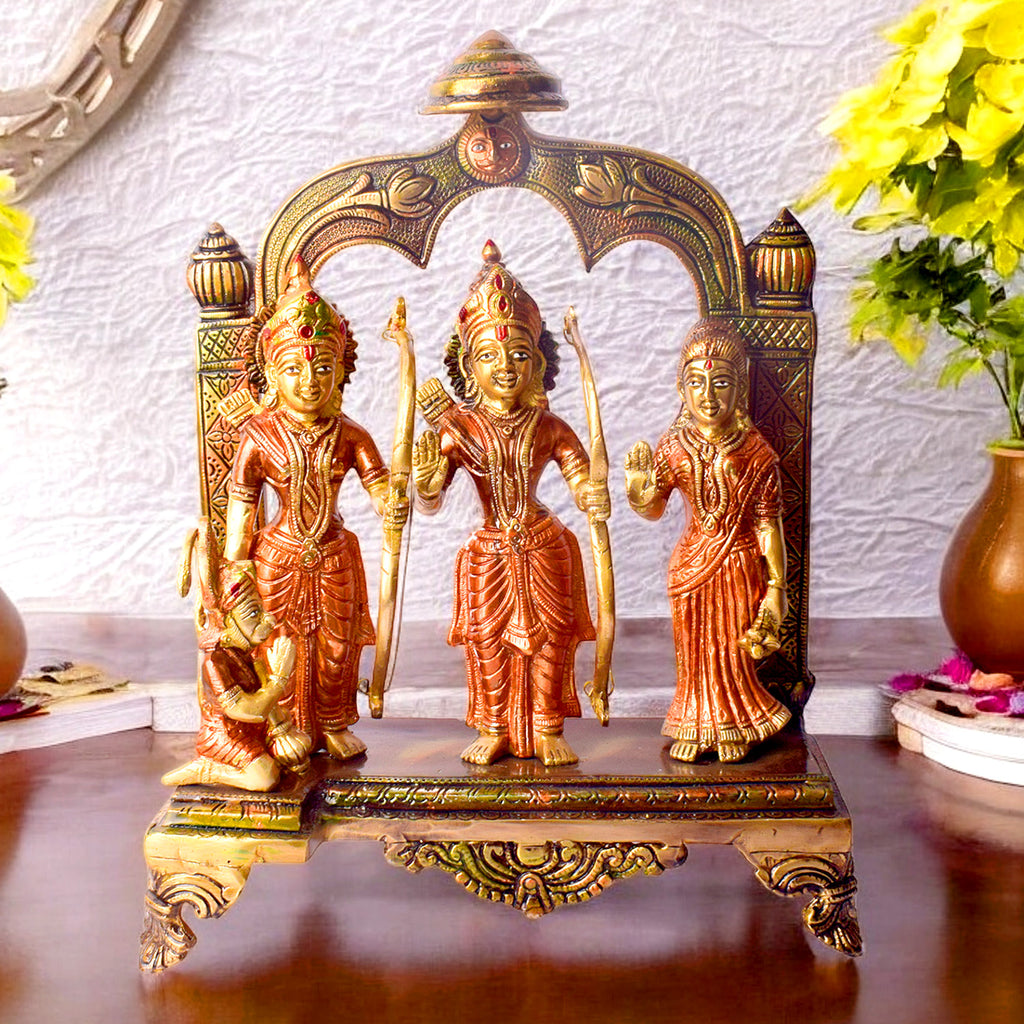   Large Brass Idol of 12.5 Inch Majestic Brass Ram Darbar Idol with Royal Touch of Divine Elegance. This Majestic Brass Ram Darbar Idol beautifully captures the essence of divinity and royalty. Crafted with intricate detailing, it showcases Lord Ram in a regal pose, symbolizing strength, devotion, and grace. 