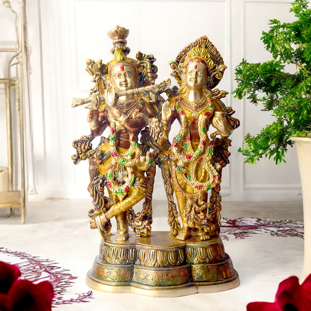 This Stunning Radha Krishna Brass Idol beautifully captures the divine love and grace of Radha and Krishna. Crafted from high-quality brass with intricate detailing, it exudes elegance and spiritual charm. Perfect for adorning your home, temple, or gifting to loved ones, this idol serves as a symbol of eternal love, peace, and devotion.