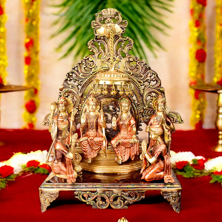  Large Brass Idol of 23 Inch Elegant Brass Ram Darbar Idol. This Elegant Brass Ram Darbar Idol&nbsp;beautifully captures the essence of divinity and royalty. Crafted with intricate detailing, it showcases Lord Ram in a regal pose, symbolizing strength, devotion, and grace. 