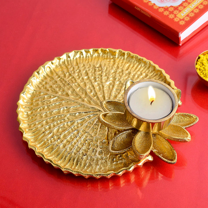 Adorable gold and white pooja thali platter with elegant finish for festive rituals and home temple decor India’s Largest Pooja Accessories Brand – www.satvikstore.in