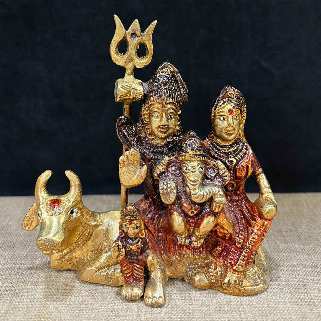 4.7 Inch Sampurna Shiv Parivaar with Nandi, a beautifully crafted brass idol featuring Lord Shiva, Parvati, Lord Ganesha, and Nandi, symbolizing divine family blessings and prosperity. No.1 Brass Idol Store www.satvikstore.in 