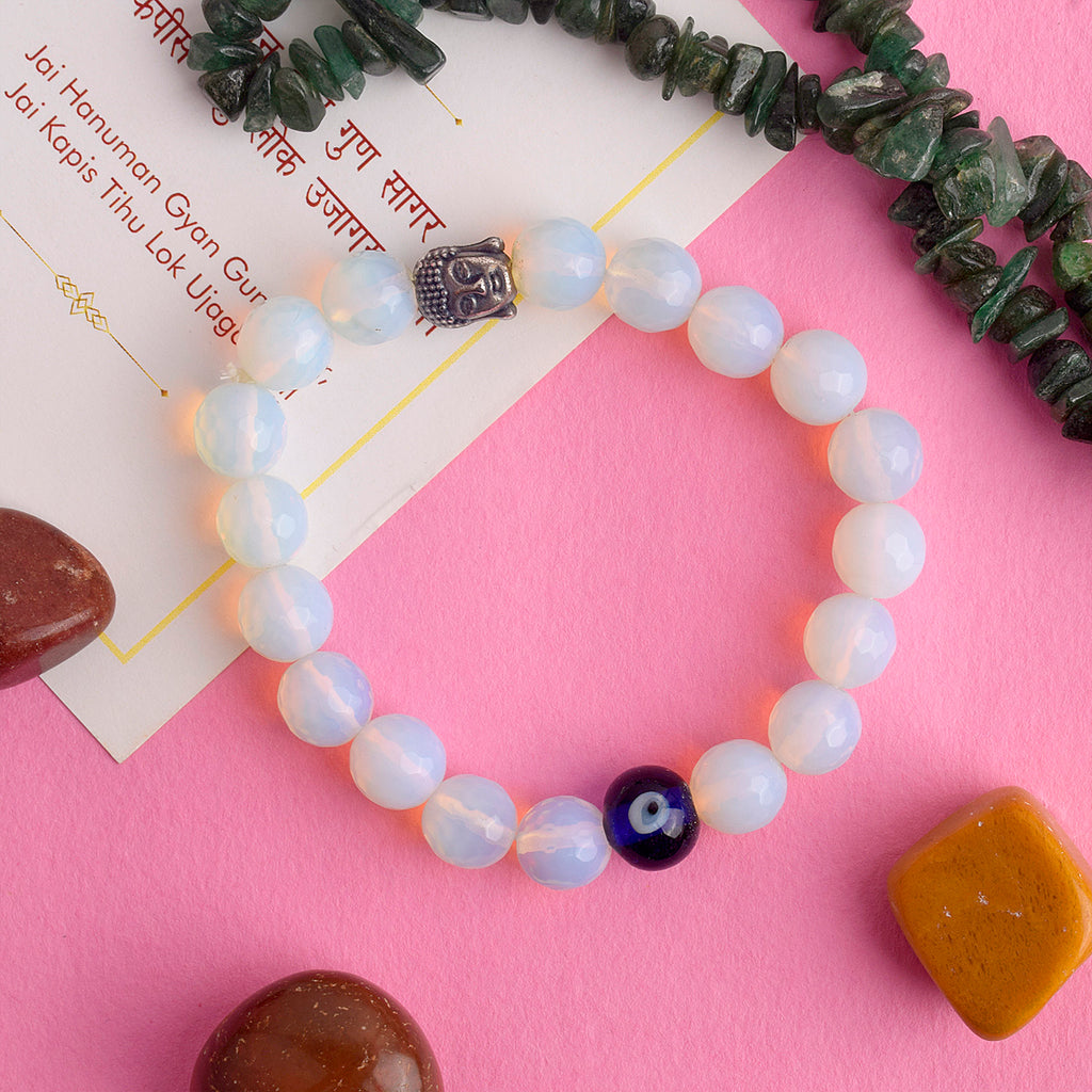 Authentic Buddha Opalite Bracelet with Evil Eye for Spiritual Calm and Protection. India’s Largest Pooja Accessories Brand – www.satvikstore.in
