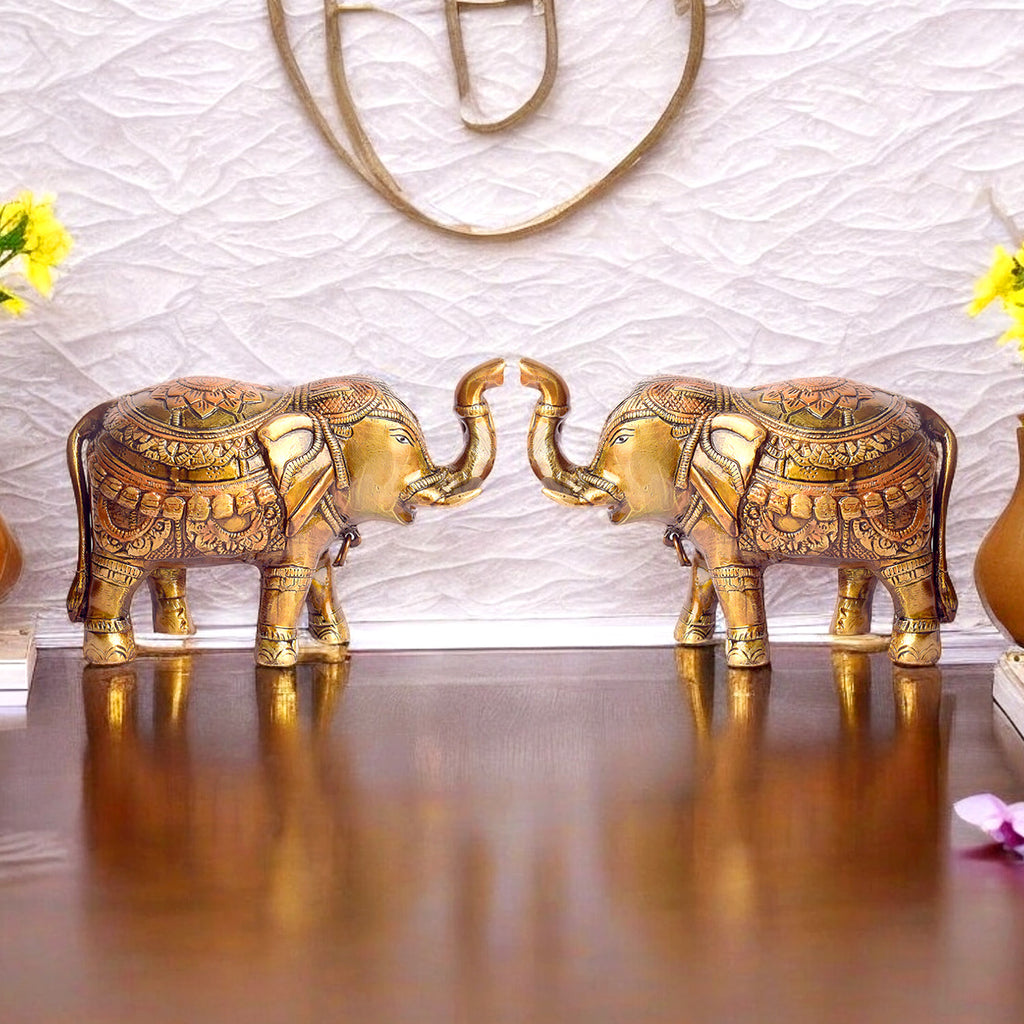 Large Brass Idol of Elephant Statue with Upward Trunk – A Symbol of Prosperity, Good Luck & Vastu Positivity for Home & Office Decor