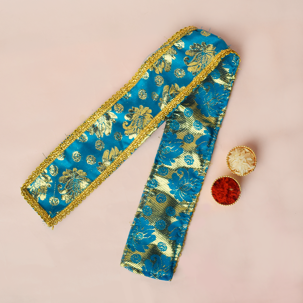 Blue and golden designer Angvastra/Patka/Dupatta, 21-22 inches in length, featuring intricate patterns and traditional styling. India’s Largest Pooja Accessories Brand – www.satvikstore.in
