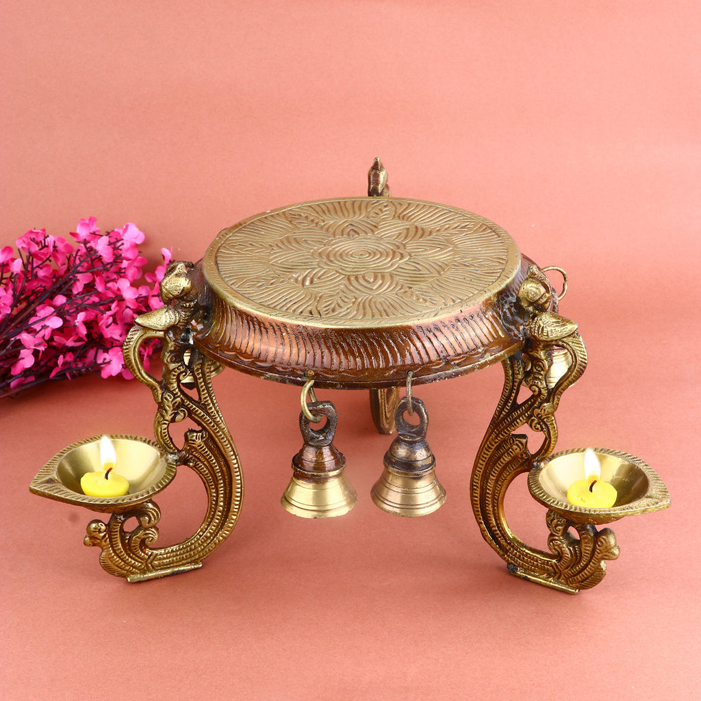 6.1 Inch Decorative Brass Chowki with Diya and Bell – Elegant Brass Platform with Traditional Diya and Bell, Perfect for Pooja, Rituals, and Spiritual Decor in Home or Mandir. No.1 Brass Idol Store www.satvikstore.in 
