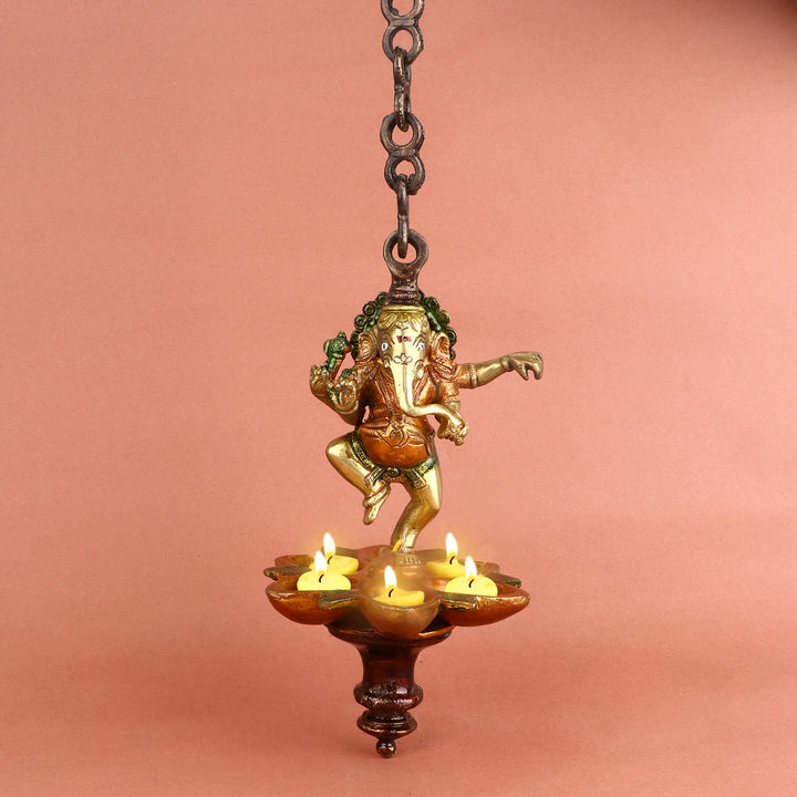 32 Inch Brass Dancing Ganesha Panchmukhi Hanging Diya – Majestic Wall Hanging of Lord Ganesha in a Dancing Pose with Five-Wick (Panchmukhi) Diya, Symbolizing Joy, Wisdom, and Divine Light, Perfect for Home Temple and Festive Decor. No.1 Brass Idol Store www.satvikstore.in 
