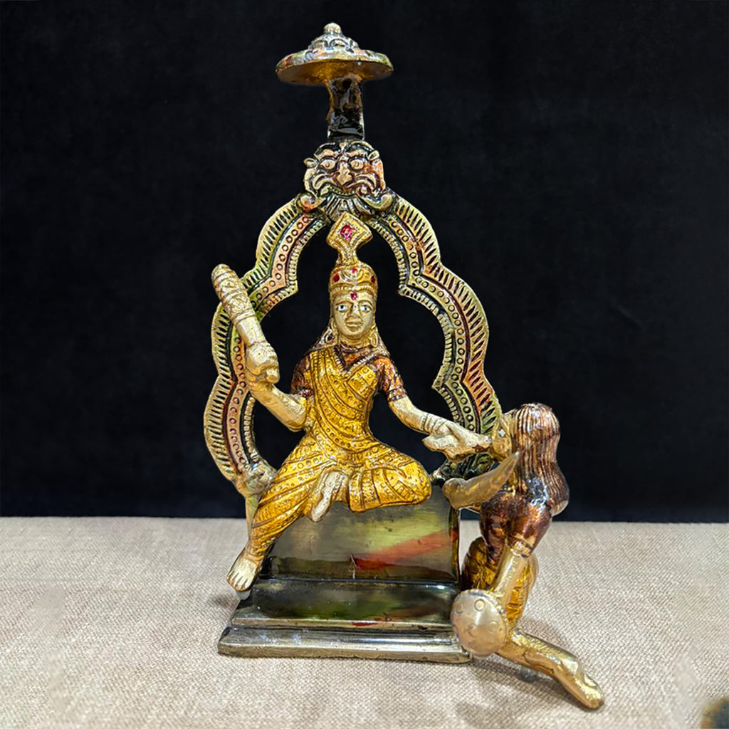 7.5 Inch Brass Baglamukhi Mata Idol showcasing the goddess of strength and victory in a detailed handcrafted form — ideal for worship, protection, and temple décor. No.1 Brass Idol Store www.satvikstore.in 