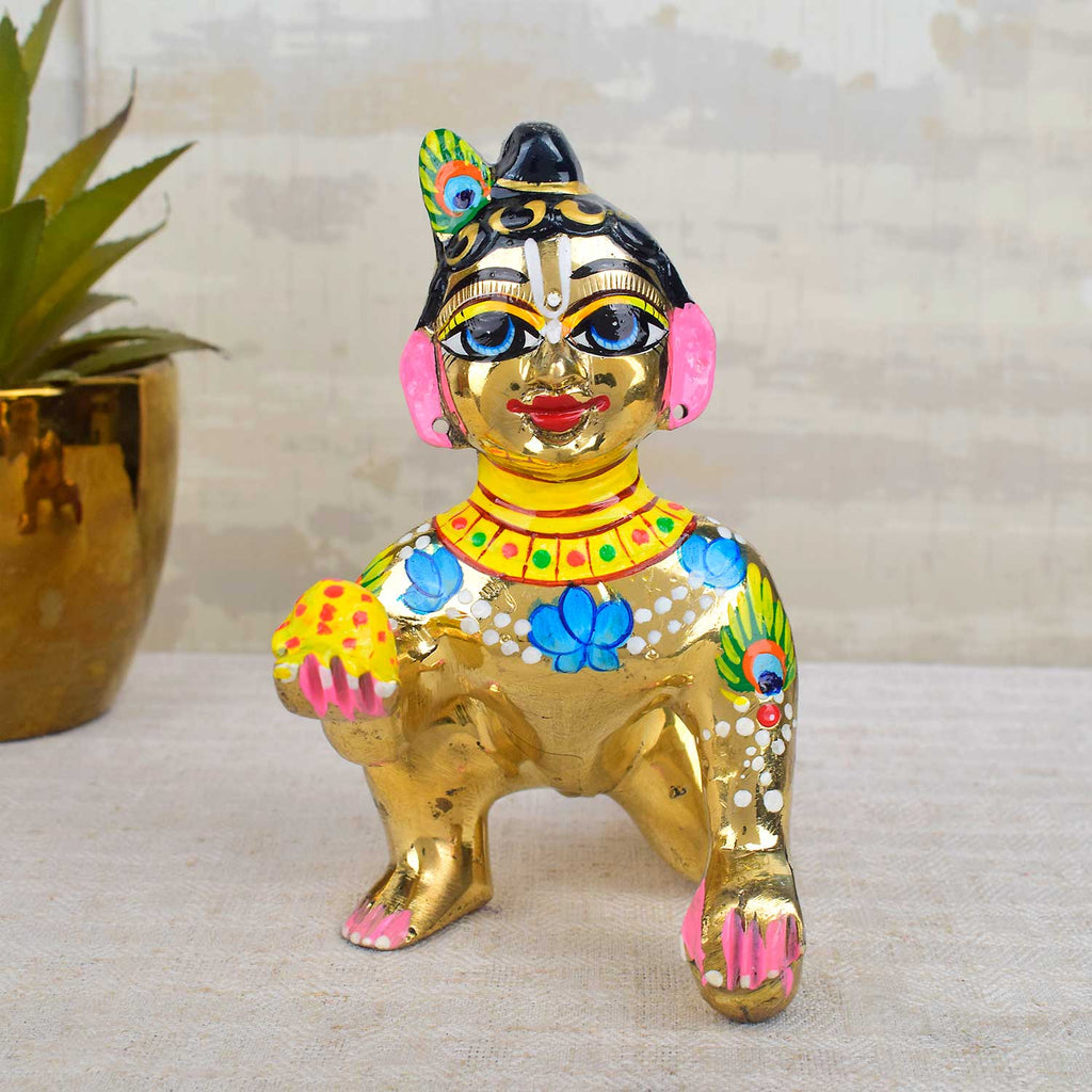 Brass Bal Gopal Idol (Size 7) depicting Laddu Gopal in a playful pose for home temple worship. India’s Largest Pooja Accessories Brand - www.satvikstore.in