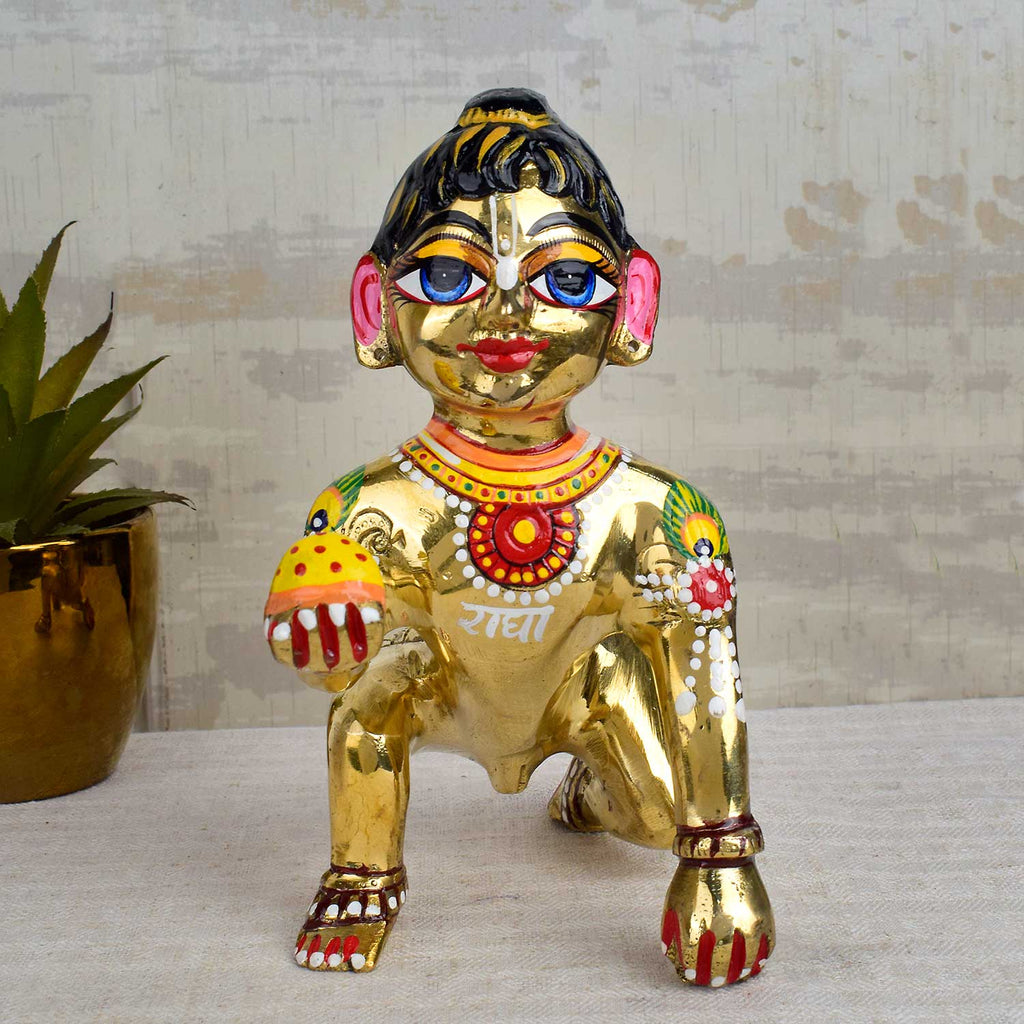 Brass Bal Gopal Idol (Size 10) depicting Laddu Gopal in a playful pose for home temple worship. India’s Largest Pooja Accessories Brand - www.satvikstore.in