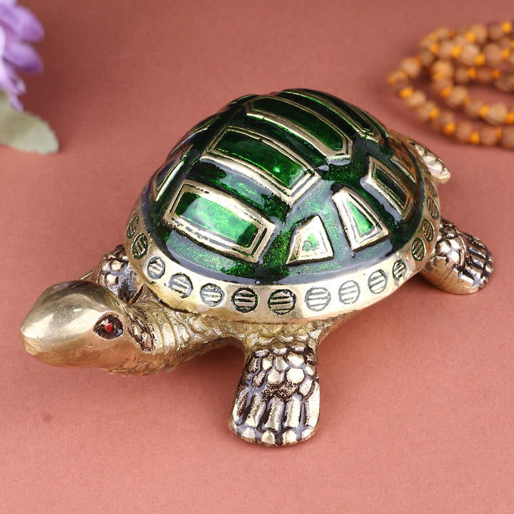 Brass Colored Turtle Large (Green) – A symbol of longevity and prosperity, enhancing energy flow and protection. India’s Largest Pooja Accessories Brand – www.satvikstore.in