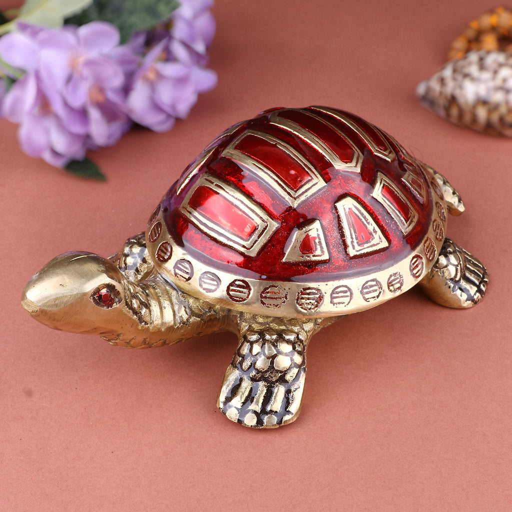 Brass Colored Turtle Large (Red) – A vibrant symbol of vitality and protection, enhancing good luck and prosperity. India’s Largest Pooja Accessories Brand – www.satvikstore.in