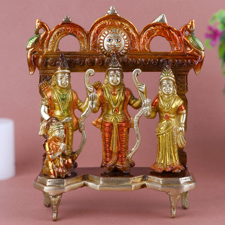 8.2 Inch Elegant Brass Colorful Ram Darbar Idol – A beautifully crafted brass statue featuring Lord Ram with his divine companions, including Sita, Lakshman, and Hanuman, in vibrant colors, perfect for home temples and spiritual décor. No.1 Brass Idol Store www.satvikstore.in 
