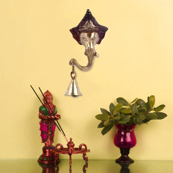 5.9 Inch Brass Decorative Ganesh Wall Hanging with Bell – Auspicious Home Entrance Decor for Positive Vibes and Blessings. No.1 Brass Idol Store www.satvikstore.in 