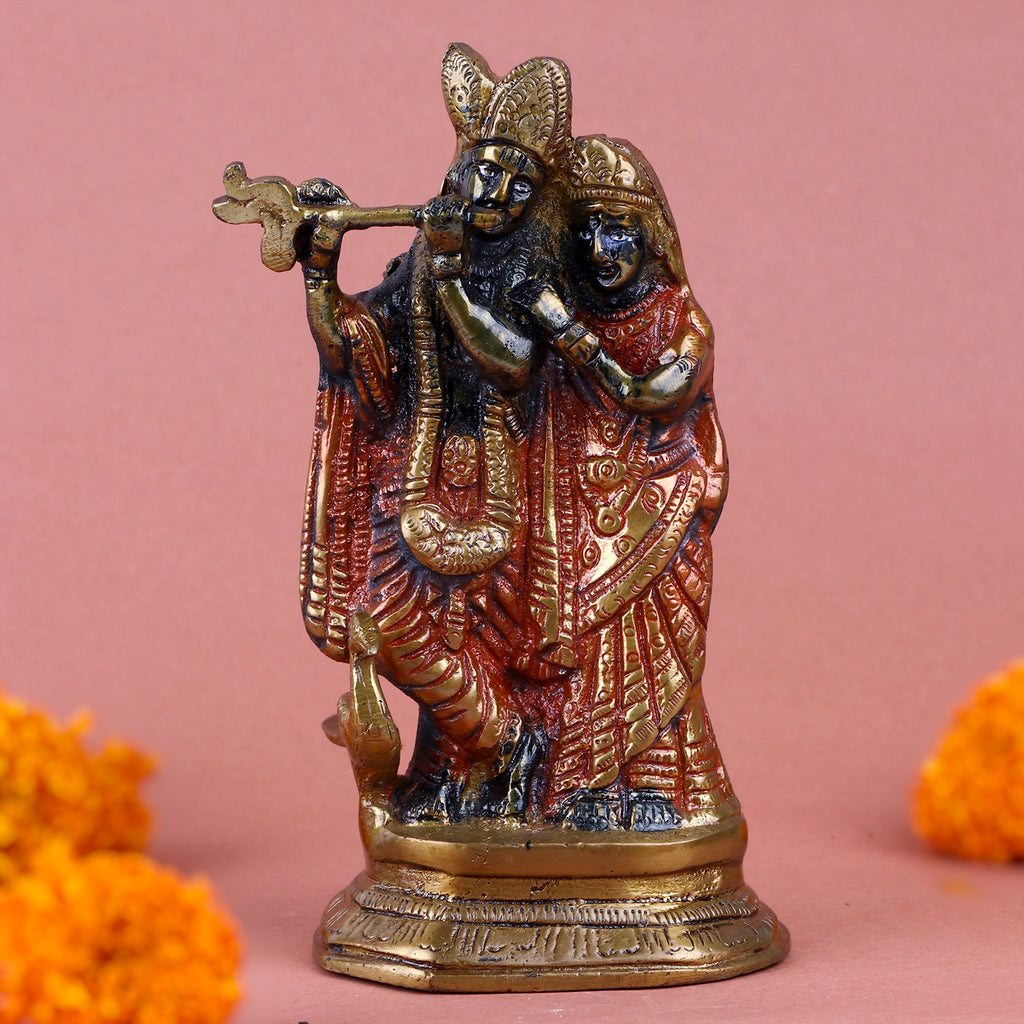 6.2 Inch Brass Decorative Radha Krishna Idol with elegant detailing, symbolizing eternal love and devotion – perfect for home décor, spiritual ambiance, and festive gifting. No.1 Brass Idol Store www.satvikstore.in 