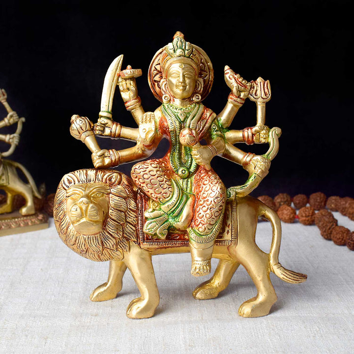 5.5 Inch Brass Durga Idol Seated on Lion – Exquisitely Handcrafted Statue Symbolizing Strength and Protection, Perfect for Navratri Puja, Temple Worship, and Spiritual Home. No.1 Brass Idol Store www.satvikstore.in 