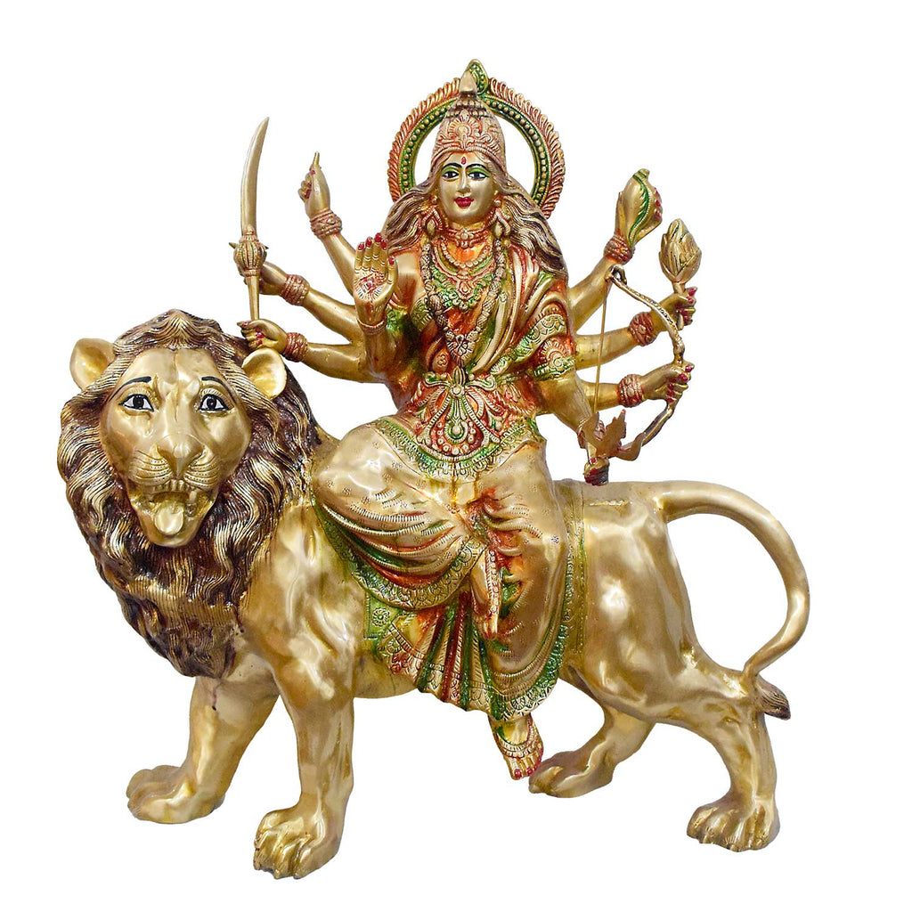 Handcrafted brass statue of Goddess Durga riding her majestic lion, holding various weapons including a sword and bow. Best for VIP Gift, best for big premium gift, best for your temple. India's Largest Puja Accessories Brand - Satvik No. 1 Brass Idol Collection 
