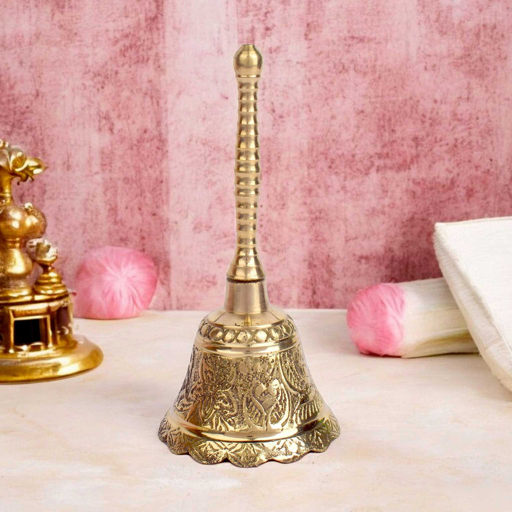 Brass Embossed Puja Bell with traditional carvings for temple rituals. India’s Largest Pooja Accessories Brand - www.satvikstore.in 