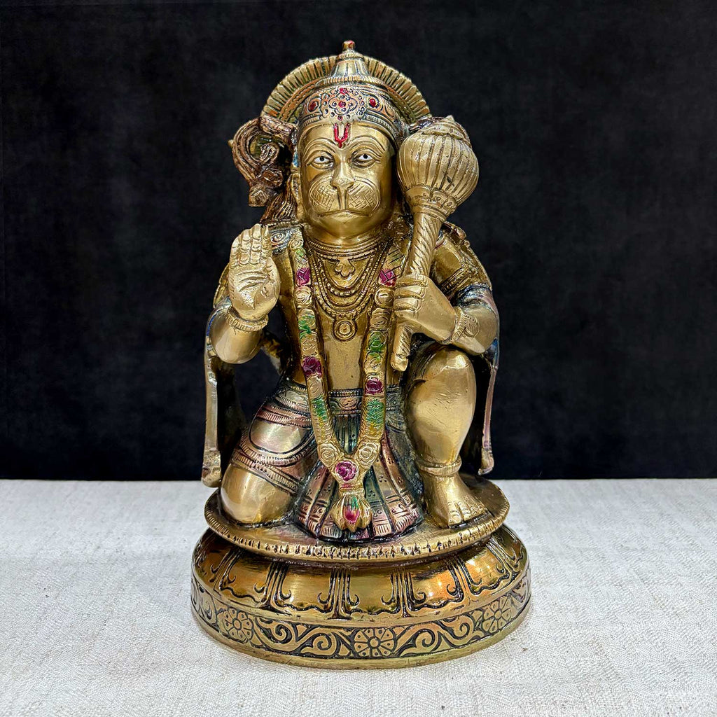 The "10.6 Inch Brass Hanuman Idol – Protector of Courage and Faith" is a stunningly detailed representation of Lord Hanuman, the embodiment of strength, devotion, and unwavering courage. India's Largest Puja Accessories Brand - Satvik No. 1 Brass Idol Collection 