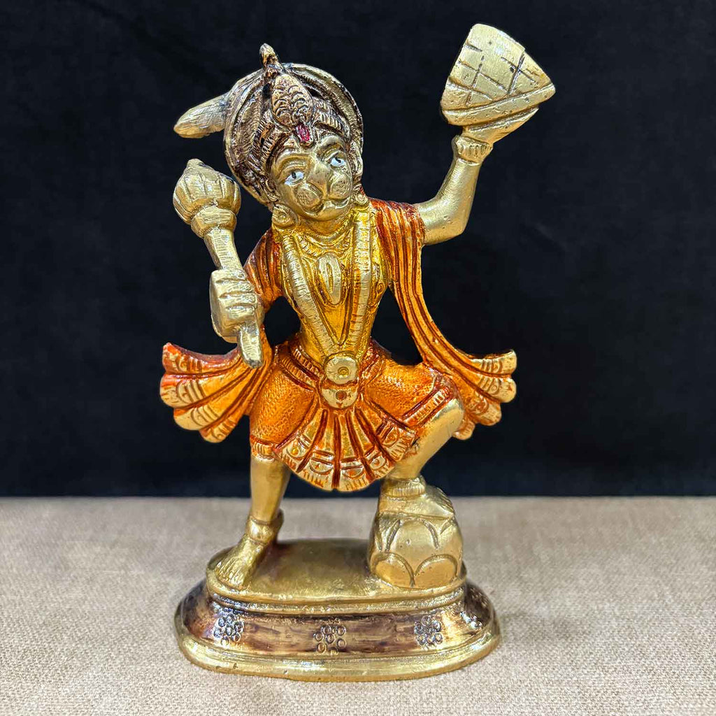 5.5 Inch Brass Hanuman Ji Idol carrying Sanjeevani mountain, finely crafted with dynamic detailing – symbol of strength, devotion, and healing, ideal for home temple and spiritual gifting No.1 Brass Idol Store www.satvikstore.in 
