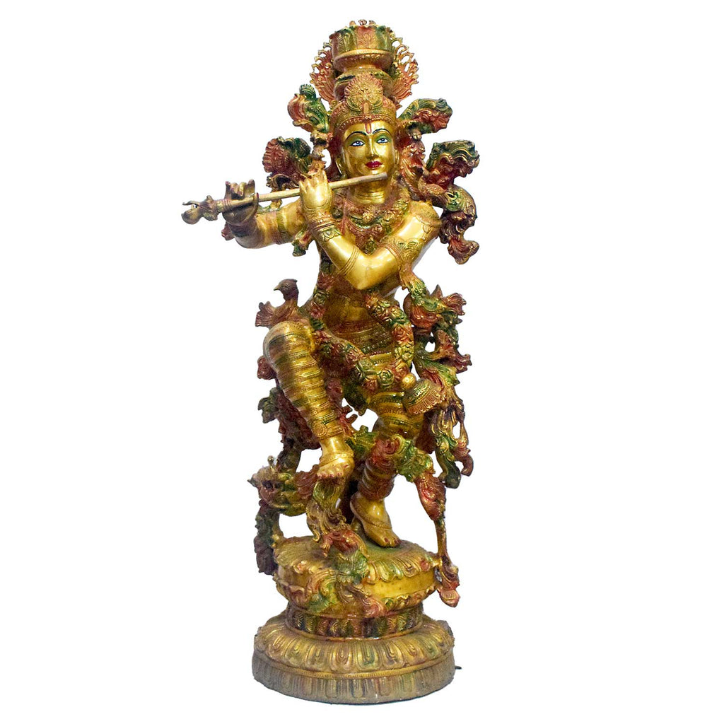43 Inch Large Brass Krishna Flute Player Statue in Tribhanga Pose – Symbol of Divine Playfulness, Harmony, and Spiritual Serenity for Temple or Home Decor. India's Largest Puja Accessories Brand - Satvik No. 1 Brass Idol Collection 

