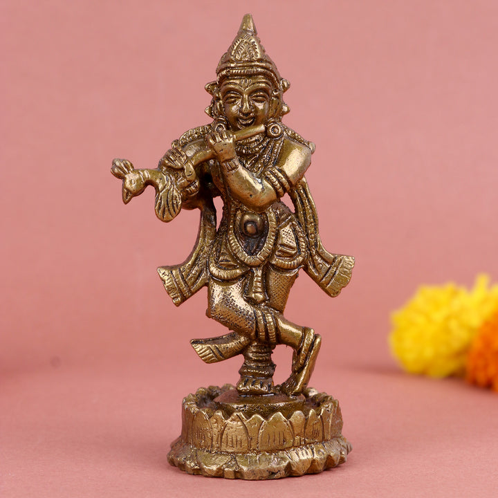 4.3 Inch Brass Krishna Idol – Elegant Flute-Playing Statue for Home Temple, Car Dashboard, or Devotional Gifting. No.1 Brass Idol Store www.satvikstore.in 