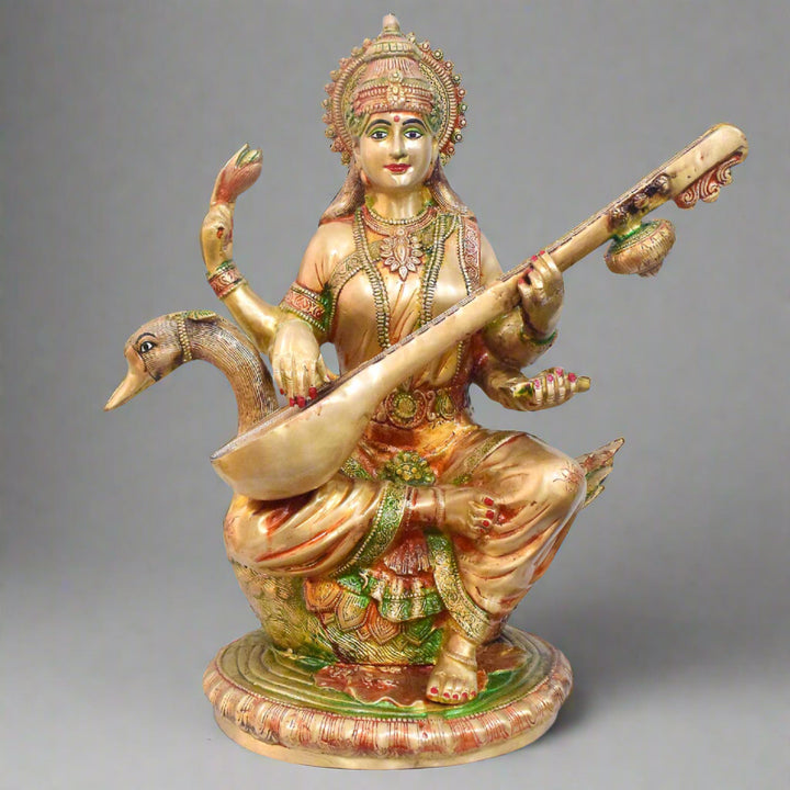 Temple-size brass Saraswati idol with glossy finish – 92 cm (36 inches) height, 63 cm (25 inches) length, and 30150 grams (30.15 kg) weight. This handcrafted temple size murti is made from high-quality brass, perfect for home temples, puja, and gifting. Buy premium temple size statues from India's Large Puja Accessories Brand - Satvik No. 1 Brass Idol Collection 
