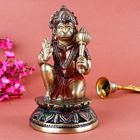 5 Inch Brass Bajrangbali Hanuman Statue with intricate handcrafted detailing, symbolizing strength, devotion, and protection – ideal for home temple, pooja room. No.1 Brass Idol Store www.satvikstore.in 