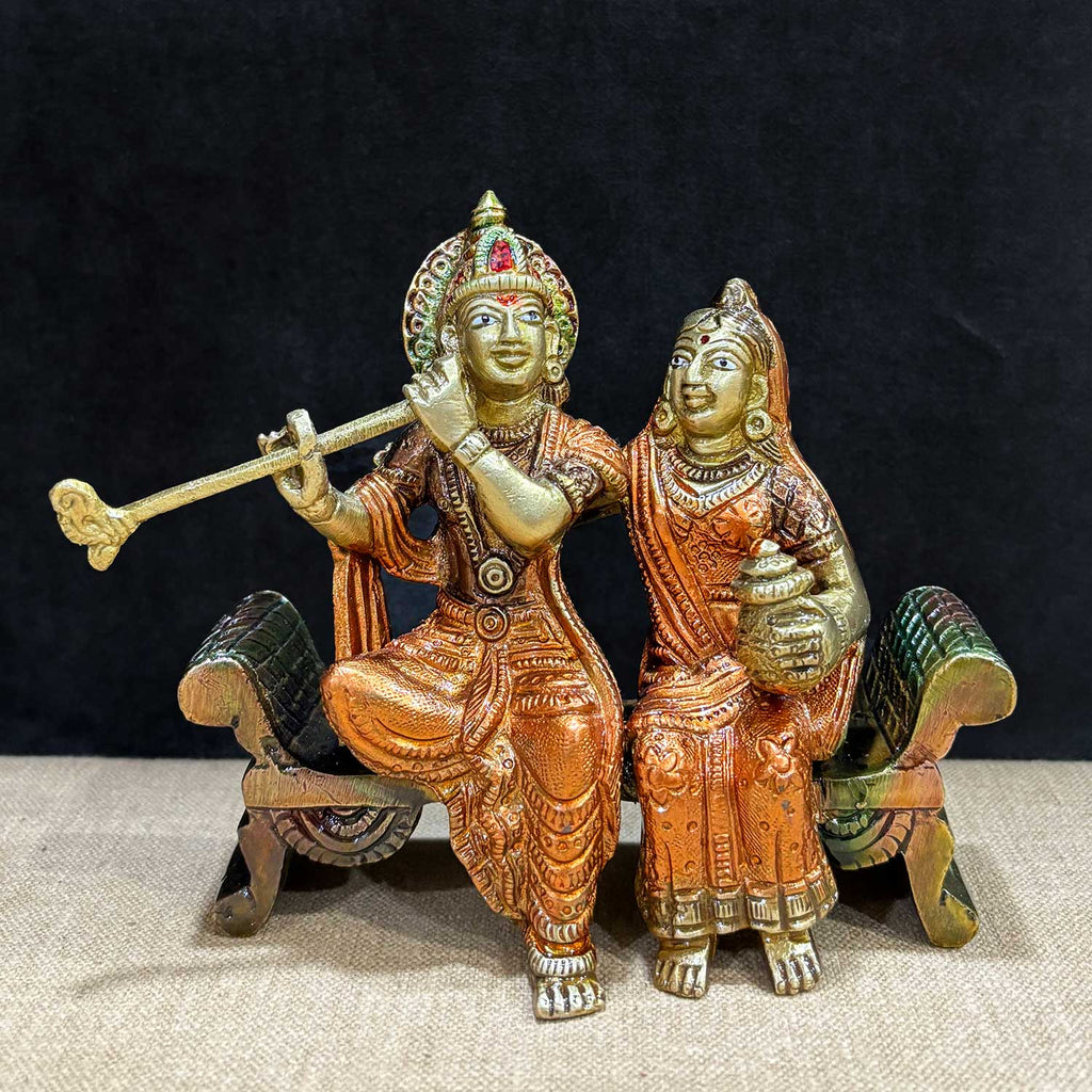 4.7 Inch Graceful Sitting Radha Krishna on Bench – Handcrafted Brass Spiritual Masterpiece for Love, Devotion, and Home Decor. No.1 Brass Idol Store www.satvikstore.in  