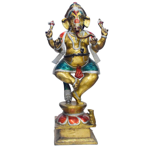 Handcrafted large brass standing statue of Lord Ganesha holding a modak and lotus, glossy finish, weight 60000 grams (60 kg), height 107 cm (approximately 42.13 inches), length 50 cm (approximately 19.69 inches). 
India's Largest Puja Accessories Brand - Satvik No. 1 Brass Idol Collection 

