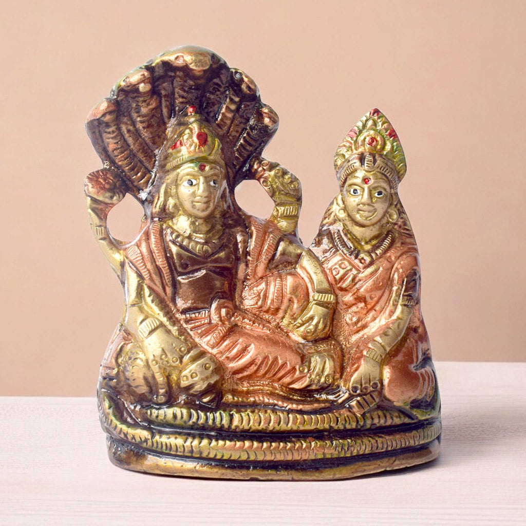 3.5 Inch Small Vishnu Ji Brass Idol resting on Sheshnag with fine detailing, ideal for home temple décor, spiritual worship, and religious gifting No.1 Brass Idol Store www.satvikstore.in 